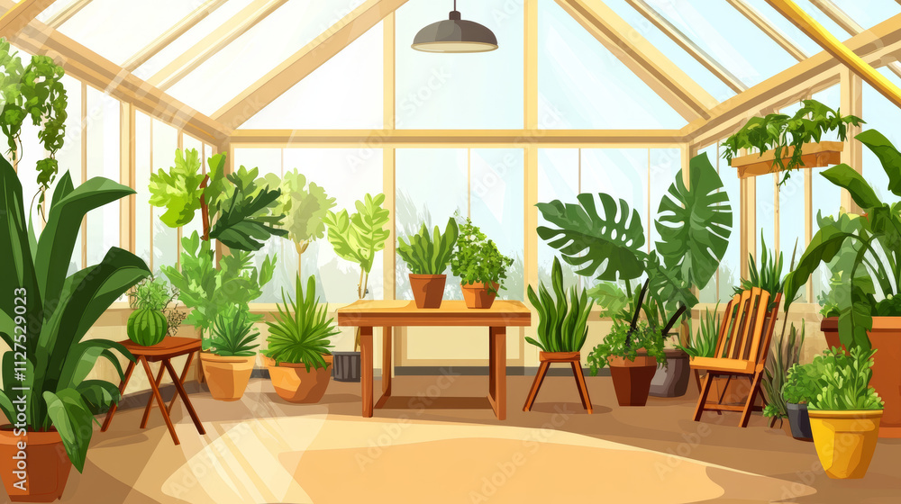 Obraz premium Greenhouse and gardening elements. Cartoon vector illustration set of pants in pot, wooden rack and chair, empty flowerpots. Glasshouse or conservatory room interior houseplants and greenery.