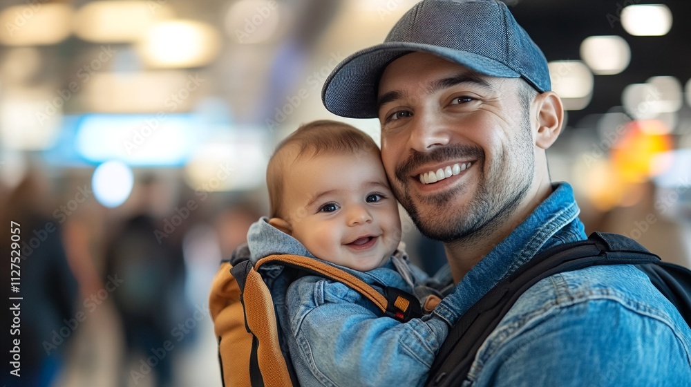Father wearing baseball cap and denim jacket smiles while carrying his baby in a carrier at a busy airport terminal
Father wearing baseball cap and denim jacket smiles while carrying his baby in a carrier at a busy airport terminal