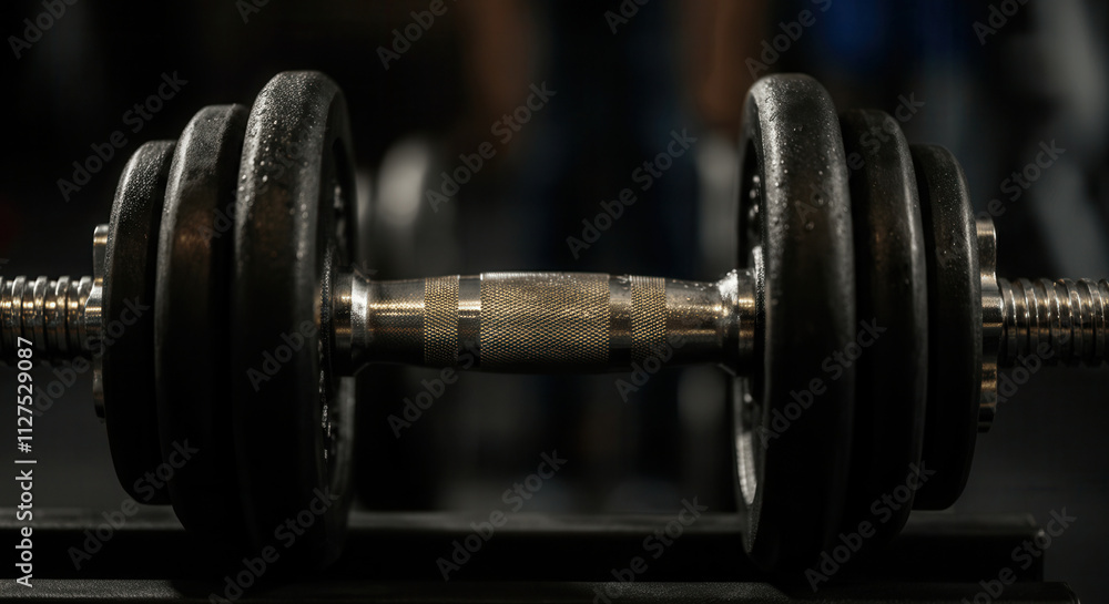 Close-up of a heavy dumbbell resting on a gym bench Close-up of a heavy dumbbell resting on a gym bench