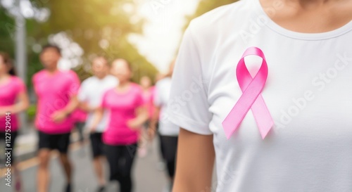 Participants in pink shirts running to raise awareness for breast cancer photo