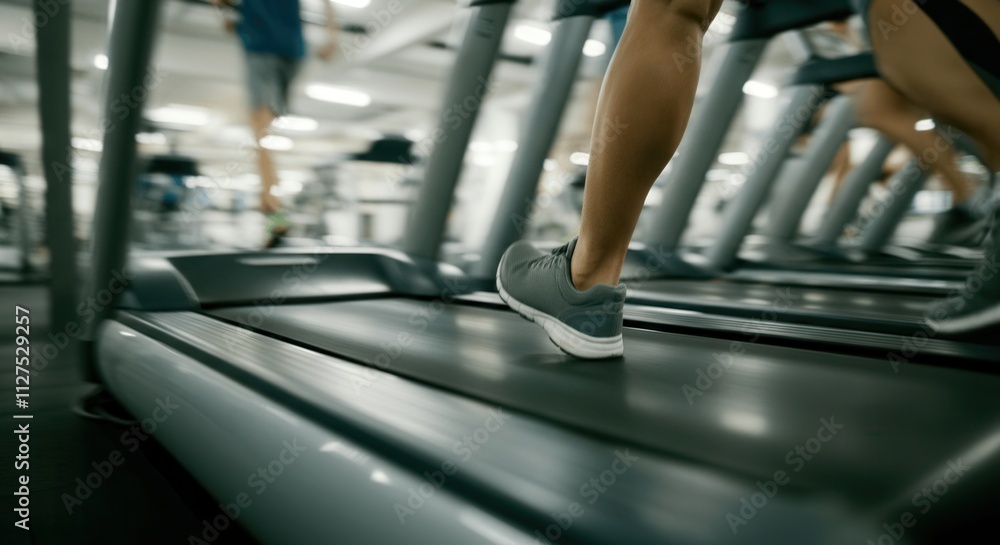 Close-up of a runner's feet on a treadmill in a modern gym Close-up of a runner's feet on a treadmill in a modern gym