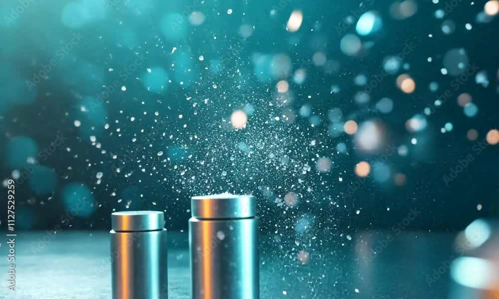 Ice cubes falling into metal containers on teal background. Ice cubes falling into metal containers on teal background.