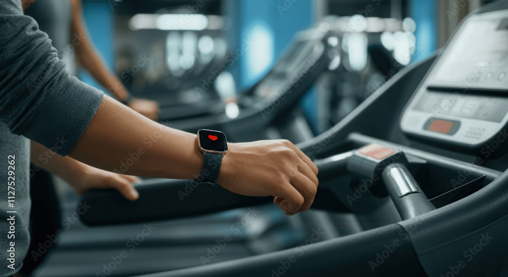 Close-up of a smartwatch on a person's wrist at the gym Close-up of a smartwatch on a person's wrist at the gym