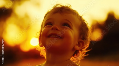 A happy child smiling at the camera as the sun sets