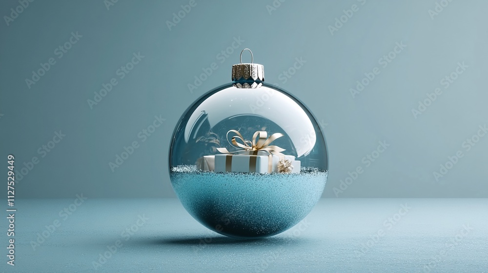 Festive blue and silver ornament with gifts inside glass bauble on blue background
Festive blue and silver ornament with gifts inside glass bauble on blue background