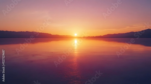 A sunset over a salt lake with orange and pink hues reflecting on the water.