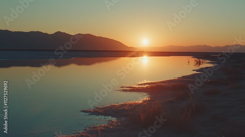 A sunset over a salt lake with orange and pink hues reflecting on the water. photo