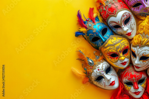 Colorful group of Mardi Gras or venetian mask on yellow photo