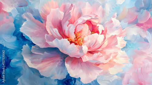 A painting of a pink flower with a blue background