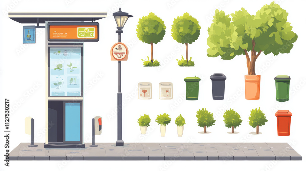 Set of city elements, constructor. Bus stop with ads banners, traffic ...