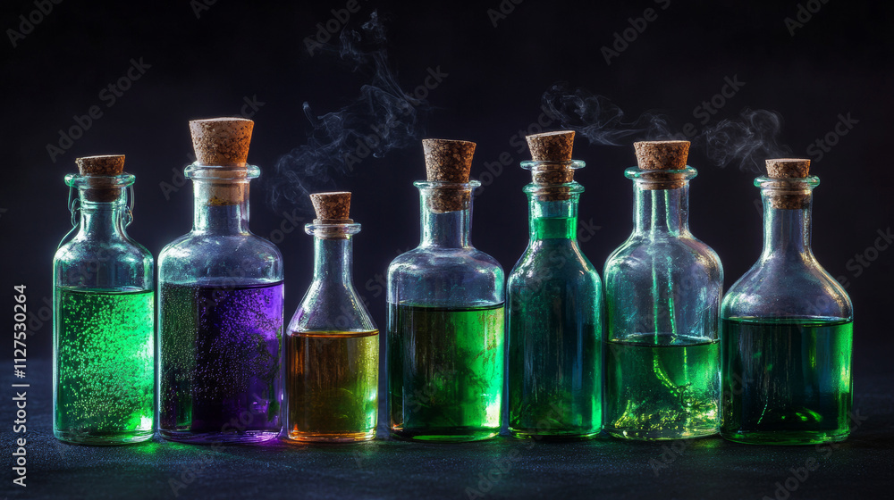 Cartoon set of glass bottles with green magic potions isolated on dark background. Vector illustration of different shape corked jars with bubbly poisonous liquid substance. Game props collection Cartoon set of glass bottles with green magic potions isolated on dark background. Vector illustration of different shape corked jars with bubbly poisonous liquid substance. Game props collection