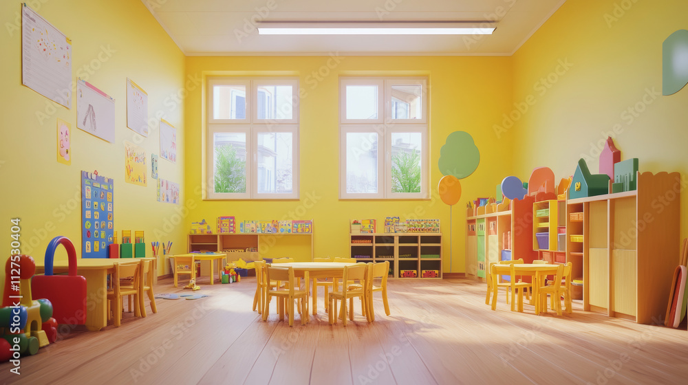 Fototapeta premium Kindergarten interior elements for classroom creation. Cartoon vector illustration set preschool playroom furniture and children toys - table and chairs, cabinet and kids drawings, toys and stationery