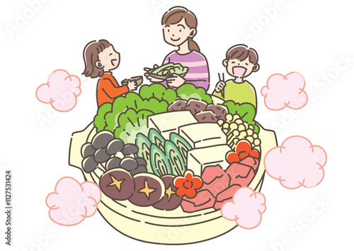 鍋料理を食べる家族