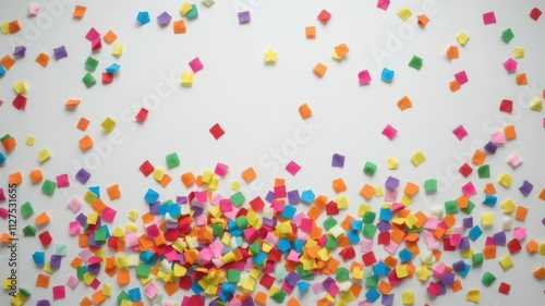 Colorful confetti in various shapes and sizes scattered on a clear background, abstract, rainbow