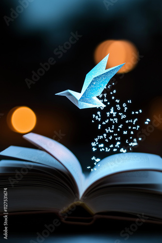 Open book with a magical origami bird flying out of it and transforming into letters and numbers, representing imagination, storytelling and knowledge. photo