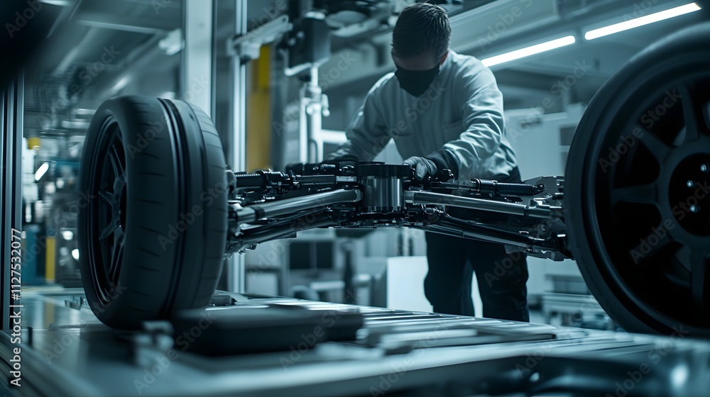 A worker calibrating a cars suspension system on a quality control line. A worker calibrating a cars suspension system on a quality control line.