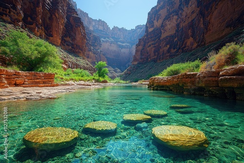 Natural oasis with clear water and stone formations in the Grand Canyon during bright daylight hours. Generative AI photo