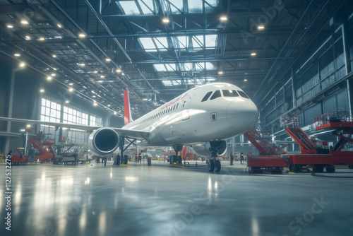 Busy airplane hangar with maintenance crews working on various parts of different aircraft