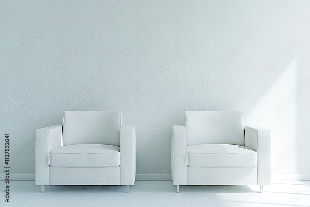 pair of identical white chairs placed symmetrically against blank wall equality represented pair of identical white chairs placed symmetrically against blank wall equality represented