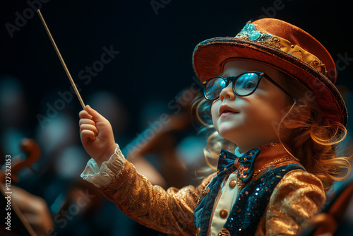 Little child conductor leading orchestra with baton in concert hall. Music education concept.