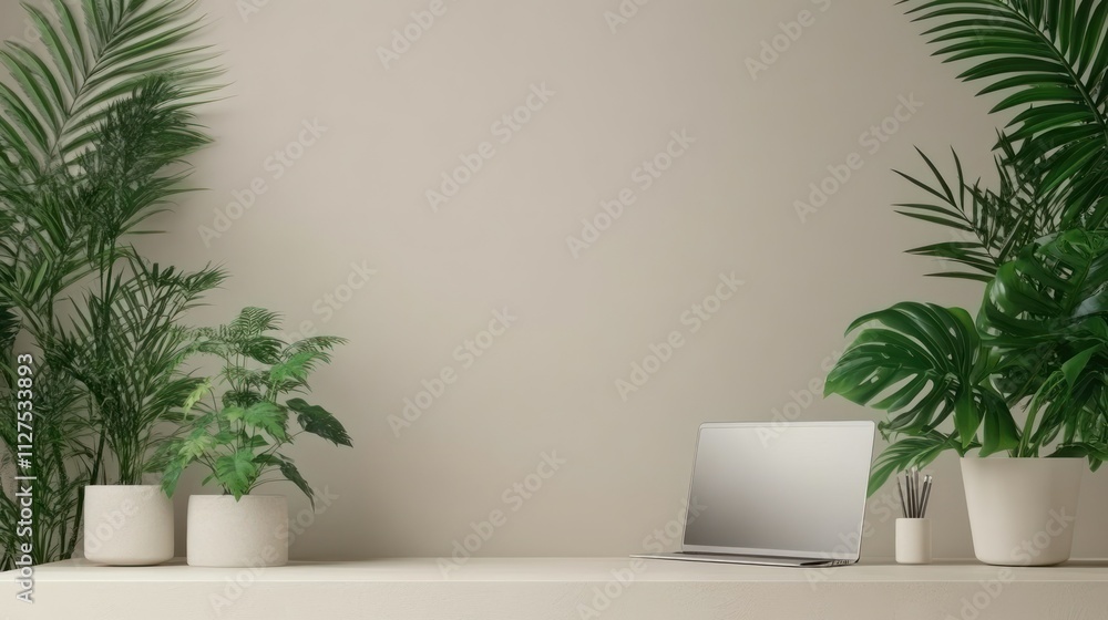 A minimalist workspace featuring plants and a laptop on a simple desk against a neutral wall. A minimalist workspace featuring plants and a laptop on a simple desk against a neutral wall.