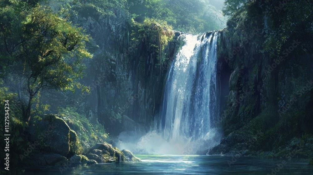 A serene waterfall surrounded by lush greenery, creating a tranquil natural landscape. A serene waterfall surrounded by lush greenery, creating a tranquil natural landscape.