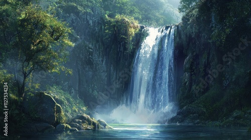 A serene waterfall surrounded by lush greenery, creating a tranquil natural landscape.
