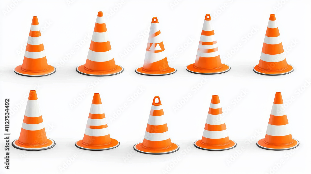 Traffic cone mockups set isolated on white background. Vector realistic illustration of orange and white striped warning sign, safety barrier for accident scene, construction site, attention border Traffic cone mockups set isolated on white background. Vector realistic illustration of orange and white striped warning sign, safety barrier for accident scene, construction site, attention border