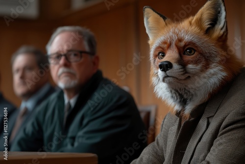 This captivating image features an anthropomorphic fox dressed in a formal coat, adding an innovative twist to a courtroom setting, merging reality with fantasy. photo