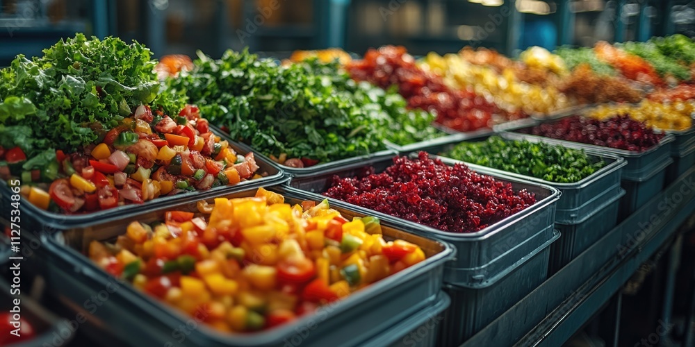 Obraz premium Fresh produce assortment, various vegetables and fruits displayed on trays