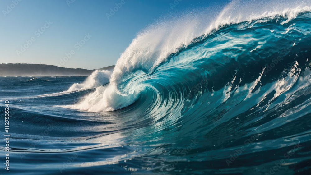 Rolling wave with sea foam, sunny day, relaxing motion, ideal vacation wallpaper design. Rolling wave with sea foam, sunny day, relaxing motion, ideal vacation wallpaper design.