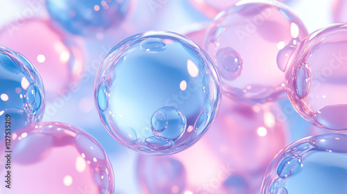 Shiny glass spheres, transparent crystal balls. Vector realistic set of 3d blue and pink clear orbs, glossy soap bubbles. Glossy translucent circles with reflections isolated on background