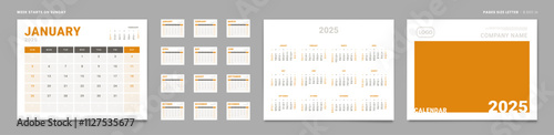 Set of 2025 Pages Monthly Calendar Planner Templates, Cover with Place for Photo, Company Logo, annual. Design of Vector Calendar Pages size Letter -8.5x11 in ready on print. Week start on Sunday