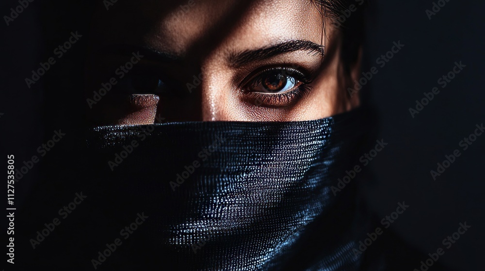 A woman with brown eyes and a scarf covering her face. The scarf is black and the woman's face is in shadow A woman with brown eyes and a scarf covering her face. The scarf is black and the woman's face is in shadow