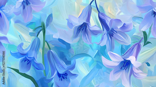 A painting of blue flowers with a blue background