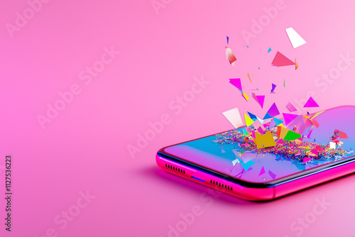 Smartphone exploding into colorful geometric shards on pink background. Ideal for promoting technology, digital apps, or celebrating innovation and connectivity.