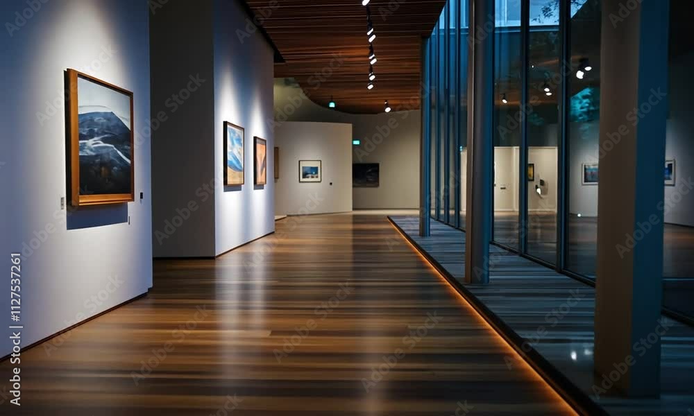 Modern art gallery interior with paintings on walls, wooden floor, and glass walls. Modern art gallery interior with paintings on walls, wooden floor, and glass walls.