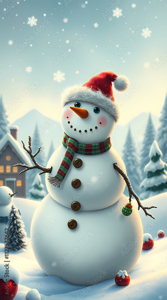 Fototapeta premium Greeting card image of a strangely cute Christmas snowman, winter wonderland. 