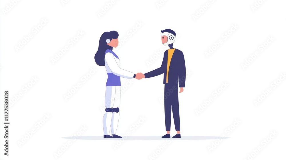 A humanoid robot and a human shaking hands, symbolizing cooperation and technology. A humanoid robot and a human shaking hands, symbolizing cooperation and technology.