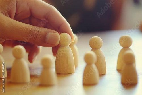 A person plays with wooden dolls on a table, a creative activity photo