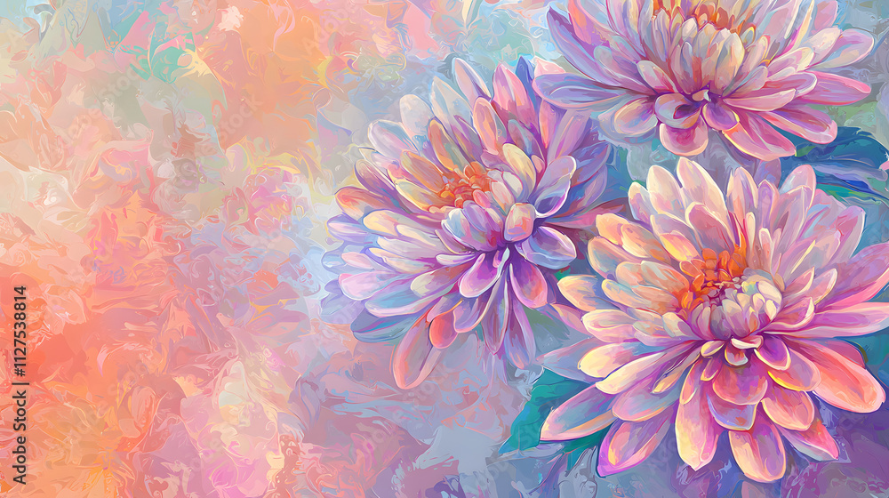 A painting of three pink flowers with green leaves A painting of three pink flowers with green leaves