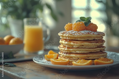 Delicious stack of pancakes served with fresh fruit and juice for a cozy breakfast setting. Generative AI photo