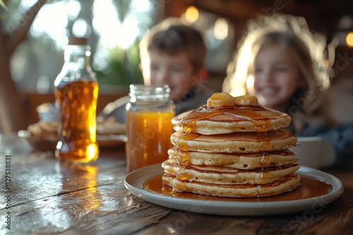 Kids enjoying a delicious breakfast of pancakes with syrup during a sunny morning at a cozy outdoor restaurant. Generative AI photo