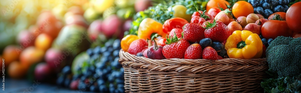 Assorted fresh fruits and vegetables in a wicker basket outdoors Assorted fresh fruits and vegetables in a wicker basket outdoors