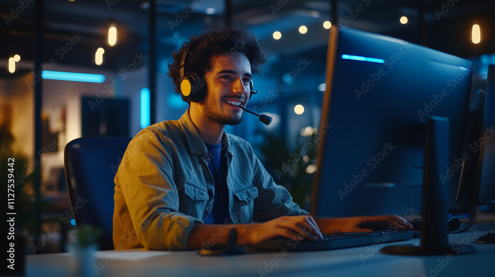 Cheerful Software Developer Providing Friendly Support in a Call Center Environment With a Glowing Computer Display
