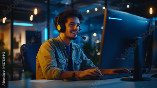 Cheerful Software Developer Providing Friendly Support in a Call Center Environment With a Glowing Computer Display