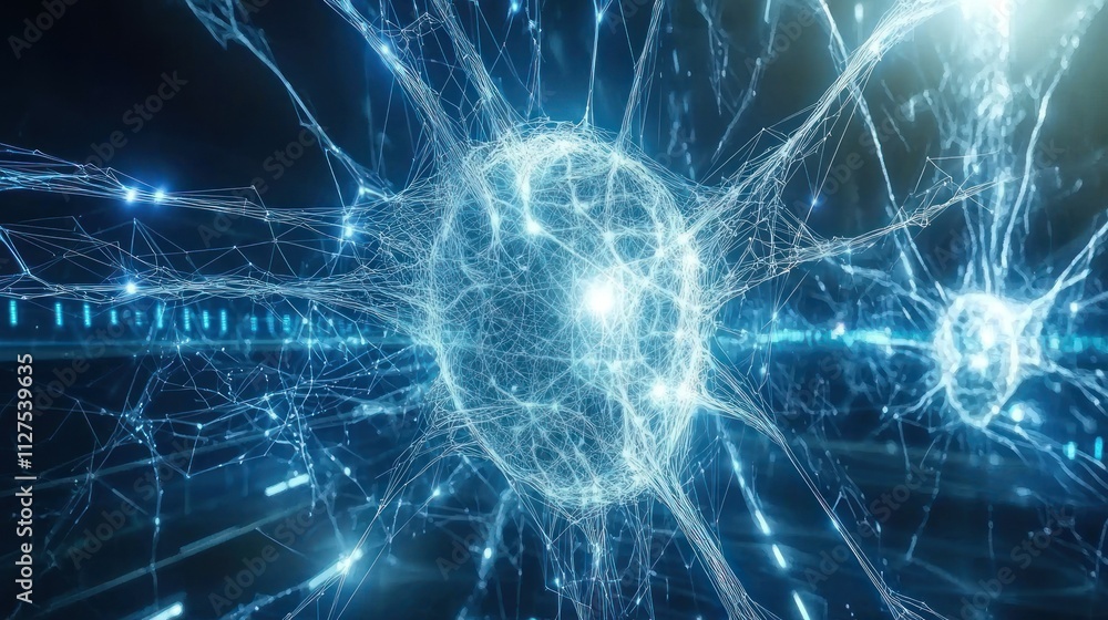 Abstract representation of neural connections with glowing nodes and fibers. Abstract representation of neural connections with glowing nodes and fibers.
