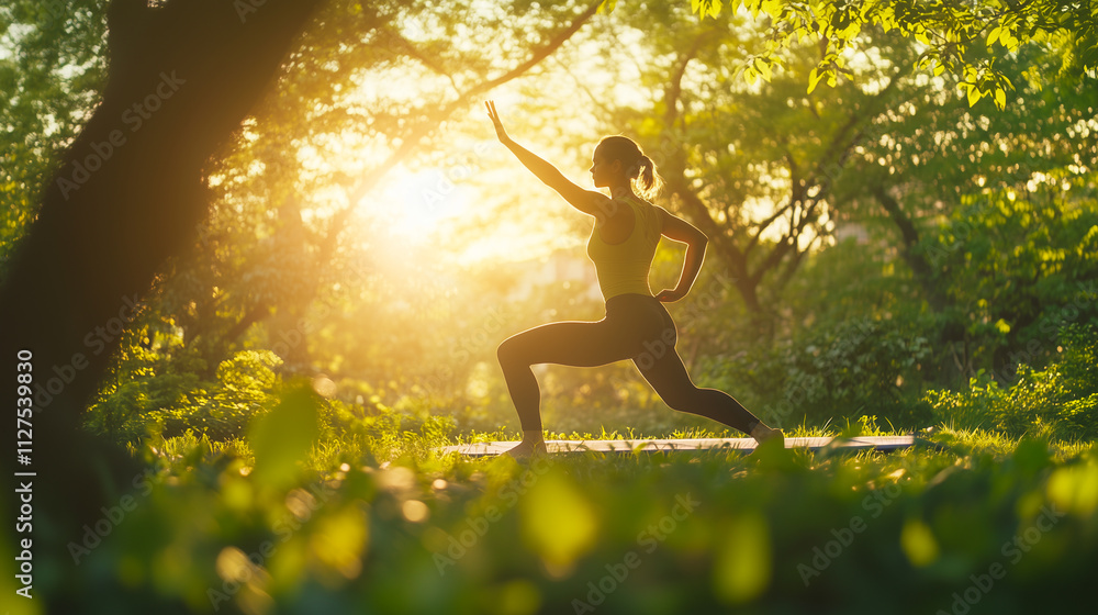 Sunset Yoga Session in a Tranquil Park, Embracing Nature and Personal Well-Being Through Fitness and Mindfulness