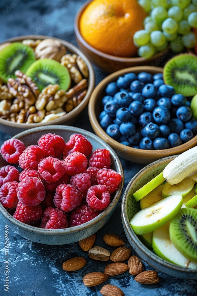 A colorful arrangement of fruit and nuts on a table, perfect for a snack or party A colorful arrangement of fruit and nuts on a table, perfect for a snack or party