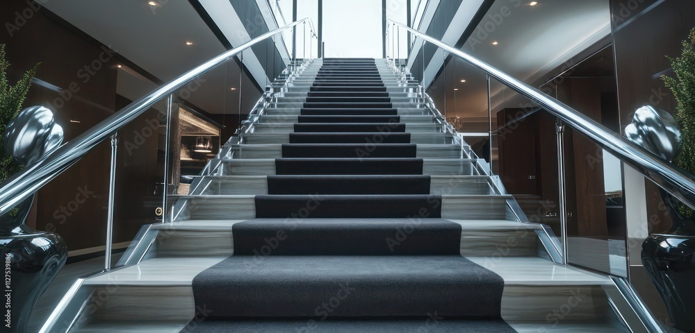 A luxurious staircase with wide polished steps, a dark gray carpet runner, and sleek aluminum railings in an upscale villa A luxurious staircase with wide polished steps, a dark gray carpet runner, and sleek aluminum railings in an upscale villa